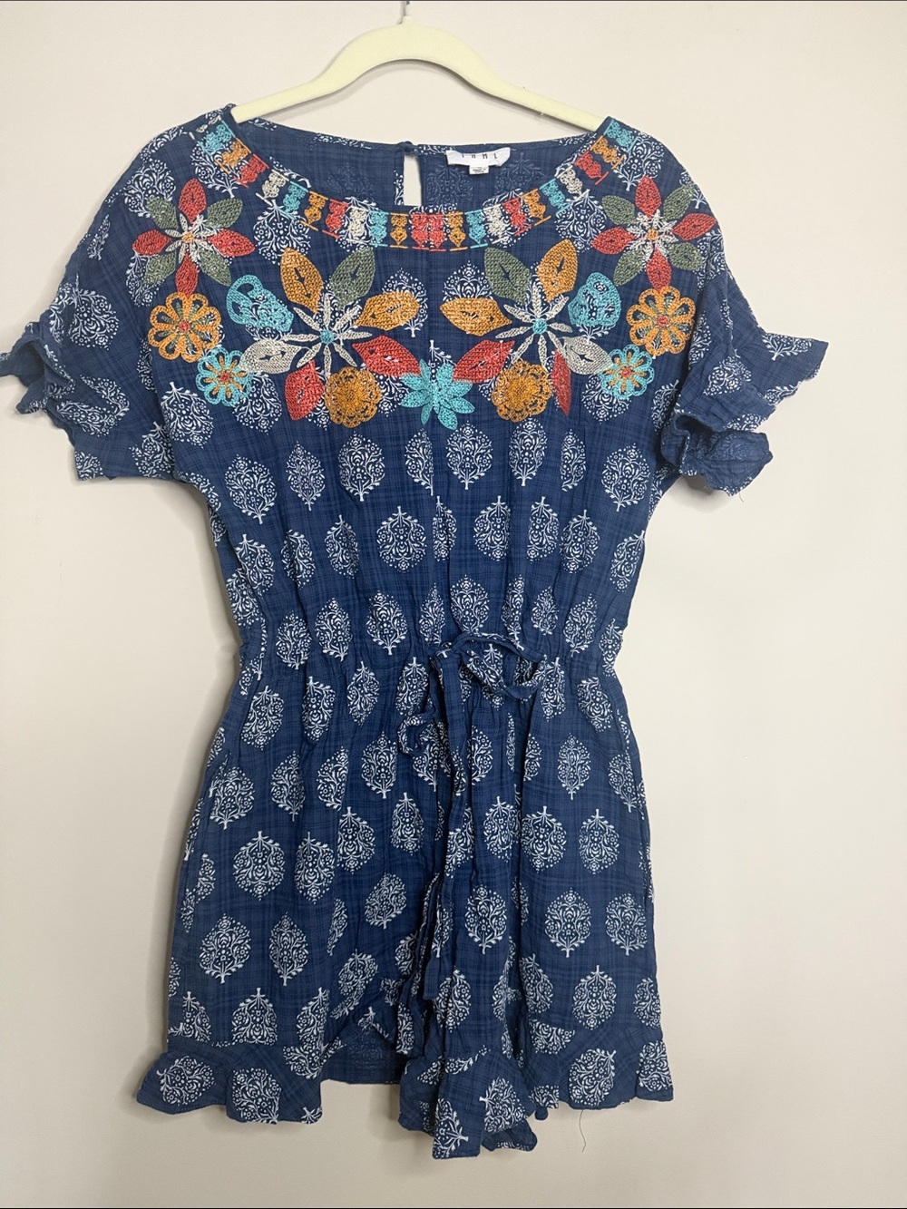 TMHL Navy Blue Embroidered Floral Romper Dress
